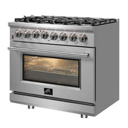 FORNO Massimo 36 in. Freestanding Dual Fuel Range with 6 Sealed Burners, 5.36 cu. ft. Electric Oven, Griddle, Wok Ring, and Air Fry Kit in Stainless Steel (Model FFSGS6125-36)