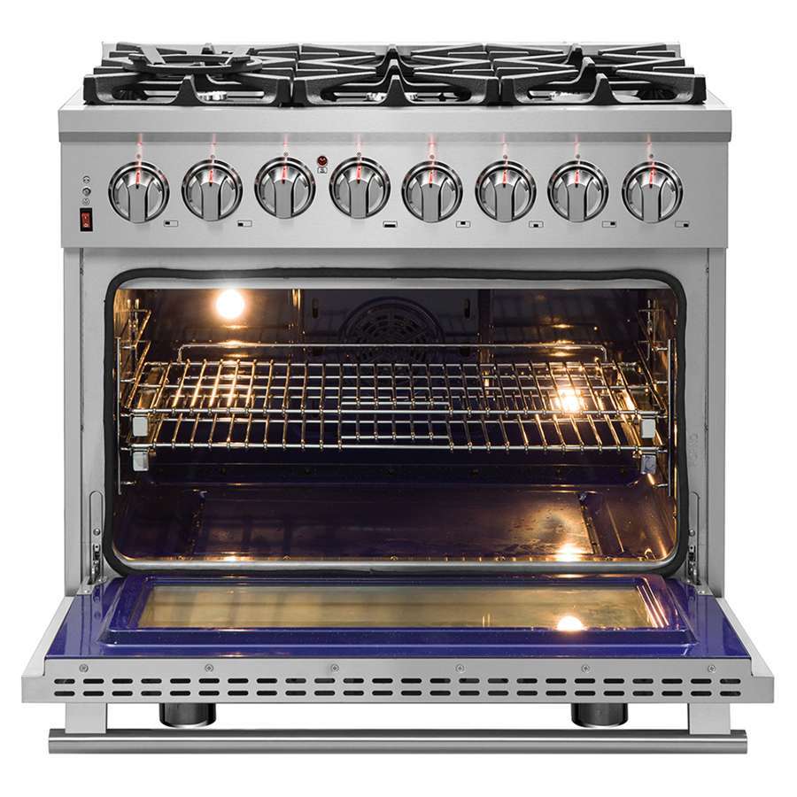 FORNO Massimo 36 in. Freestanding Dual Fuel Range with 6 Sealed Burners, 5.36 cu. ft. Electric Oven, Griddle, Wok Ring, and Air Fry Kit in Stainless Steel (Model FFSGS6125-36)