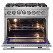 FORNO Massimo 36 in. Freestanding Dual Fuel Range with 6 Sealed Burners, 5.36 cu. ft. Electric Oven, Griddle, Wok Ring, and Air Fry Kit in Stainless Steel (Model FFSGS6125-36)