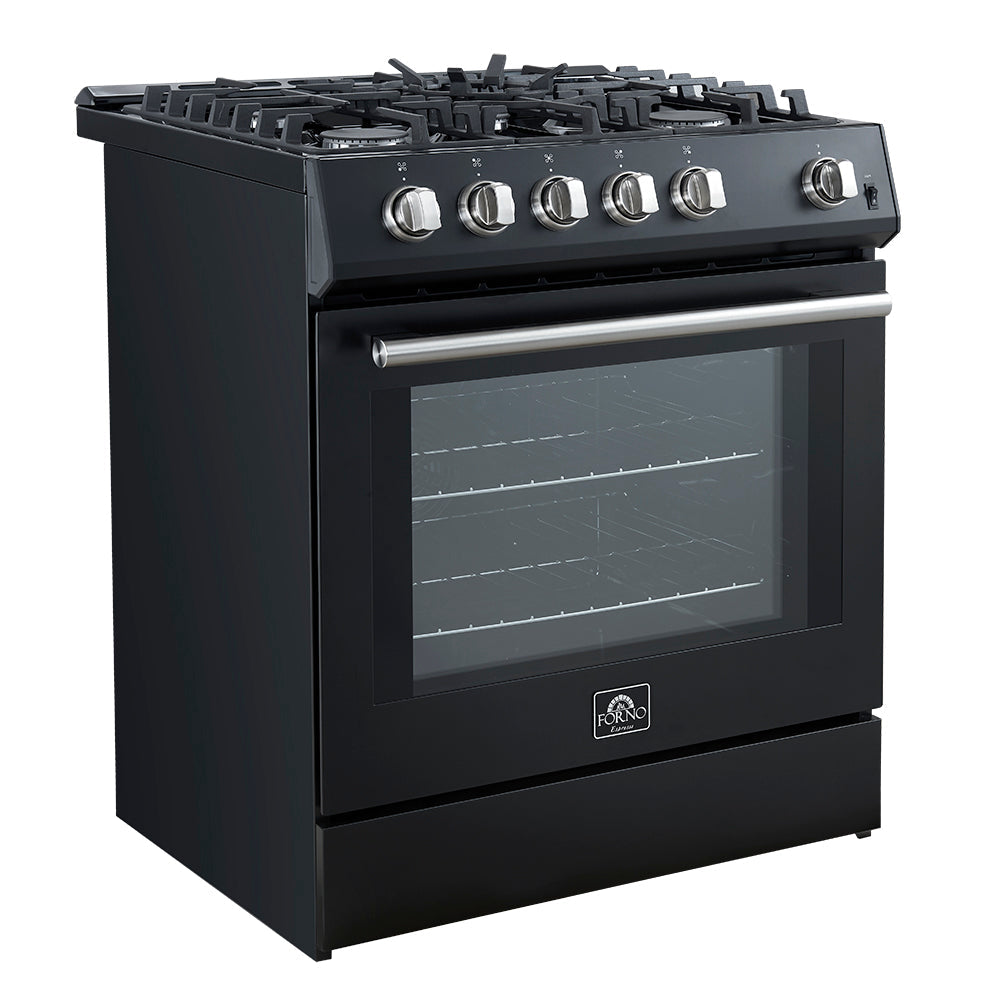 Forno Espresso Leonardo 30-Inch Freestanding Gas Range, 5.0 cu. ft., Black with Stainless Steel Handles (Model FFSGS1116-30BLK)