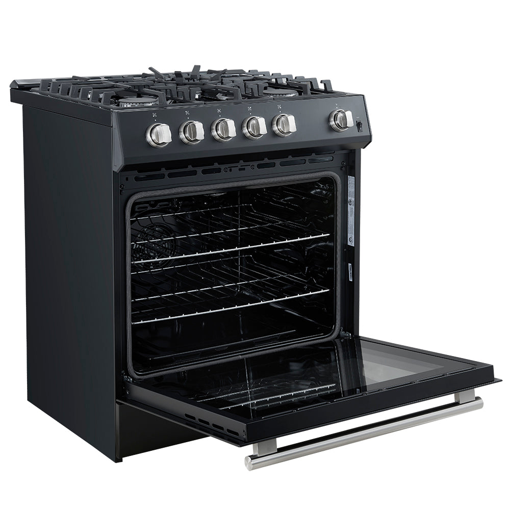 Forno Espresso Leonardo 30-Inch Freestanding Gas Range, 5.0 cu. ft., Black with Stainless Steel Handles (Model FFSGS1116-30BLK)