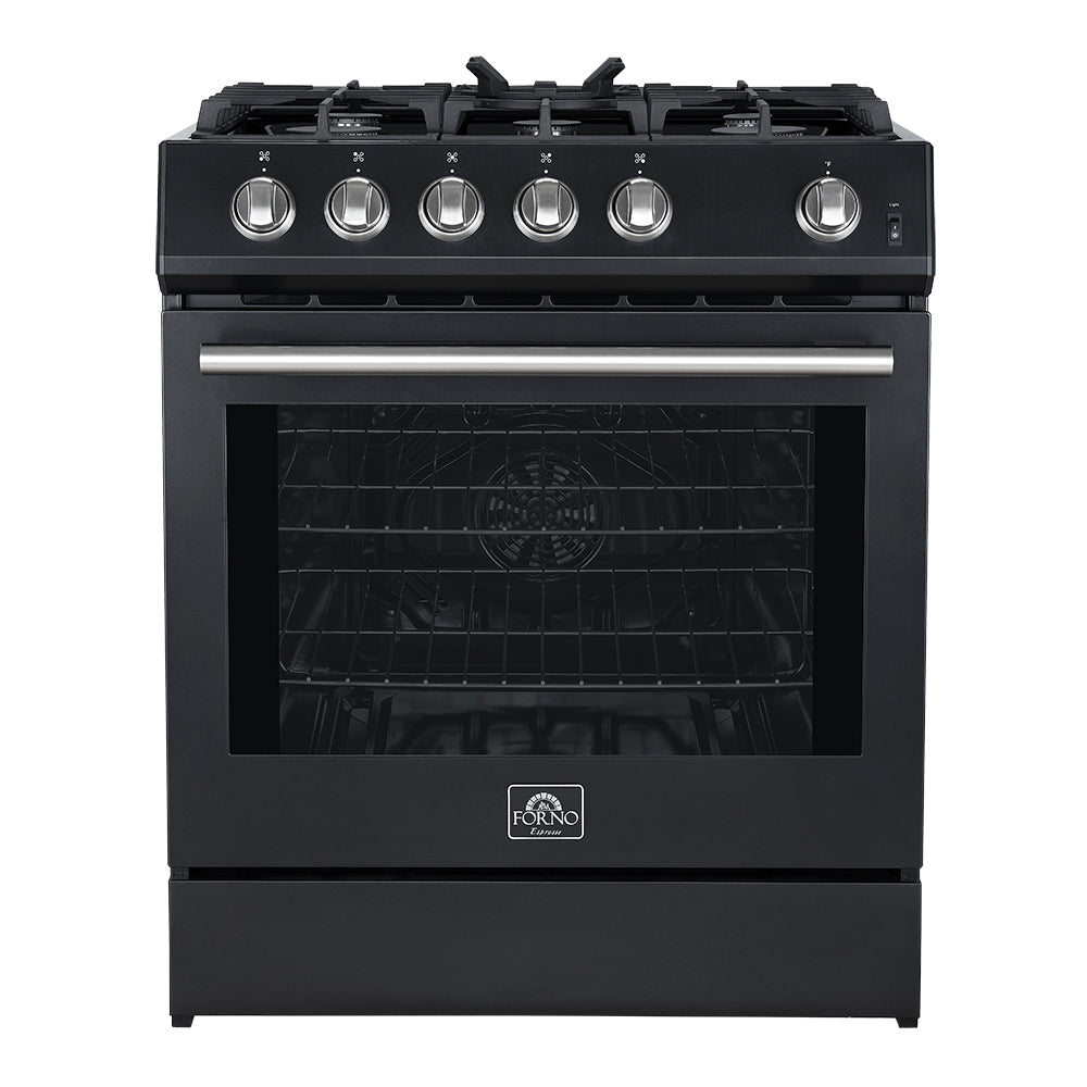 Forno Espresso Leonardo 30-Inch Freestanding Gas Range, 5.0 cu. ft., Black with Stainless Steel Handles (Model FFSGS1116-30BLK)