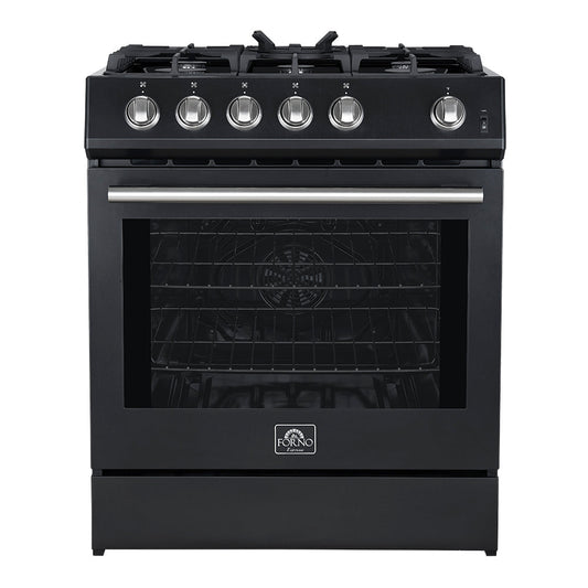 Forno Espresso Leonardo 30-Inch Freestanding Gas Range, 5.0 cu. ft., Black with Stainless Steel Handles (Model FFSGS1116-30BLK)