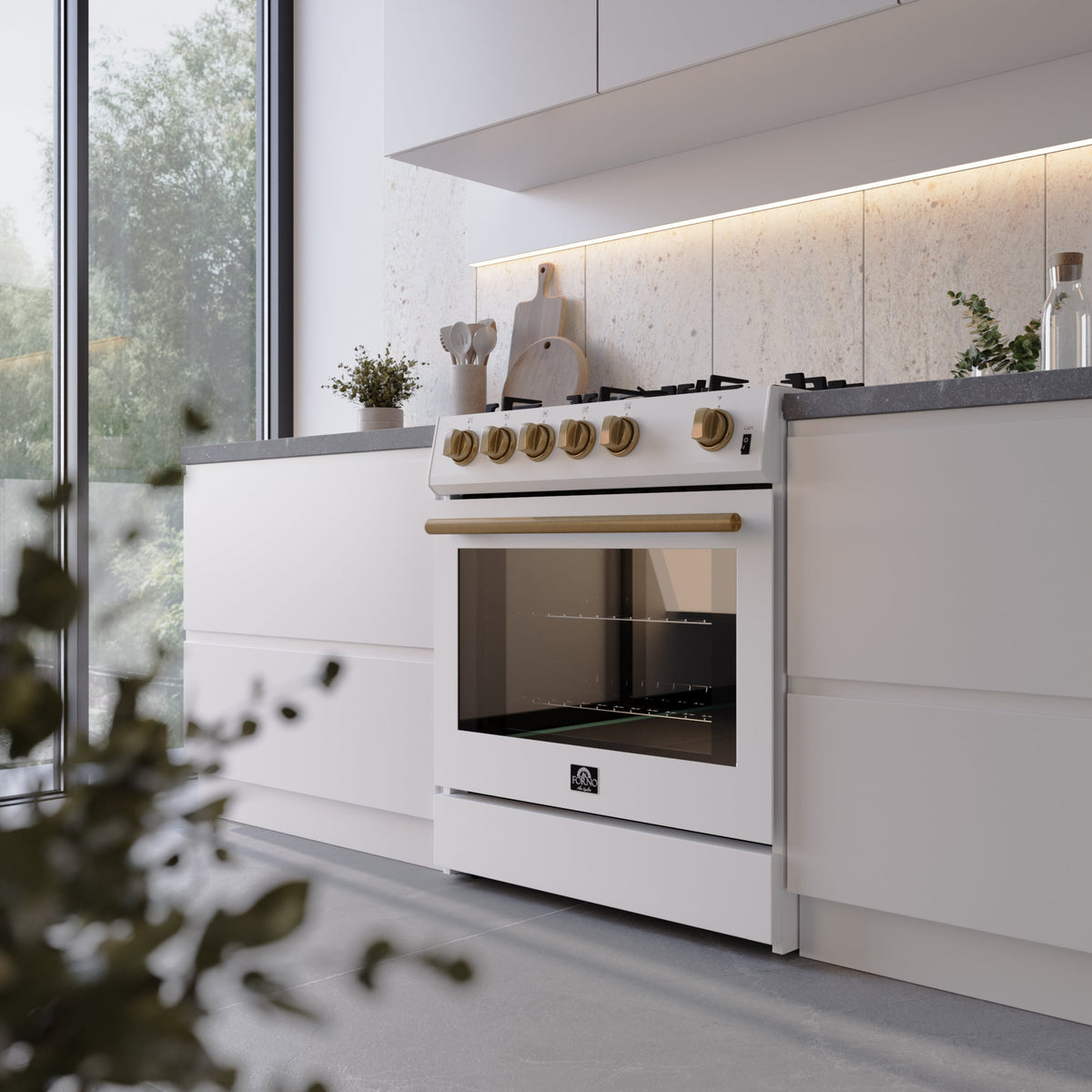 Forno Espresso Leonardo 30-Inch Freestanding Gas Range, 5.0 cu. ft., White with Stainless Steel Handles (Model FFSGS1116-30WHT)
