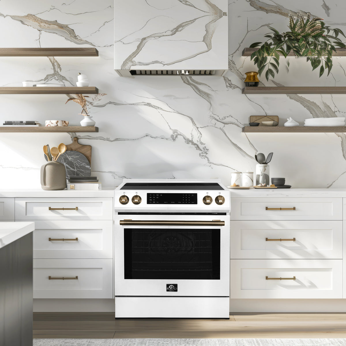 Forno Donatello Espresso 30-Inch Induction Range, 5.0 cu. ft., White, Air Fry, Self-Clean, Stainless Steel Handles (Model FFSIN0905-30WHT)