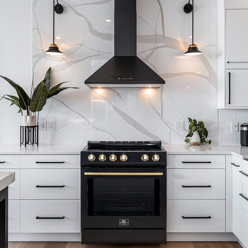 Forno Leonardo Espresso 30-Inch Induction Range, 5.0 cu. ft. Oven, Knob Controls, Black with Stainless Steel Accents (Model FFSIN0982-30BLK)