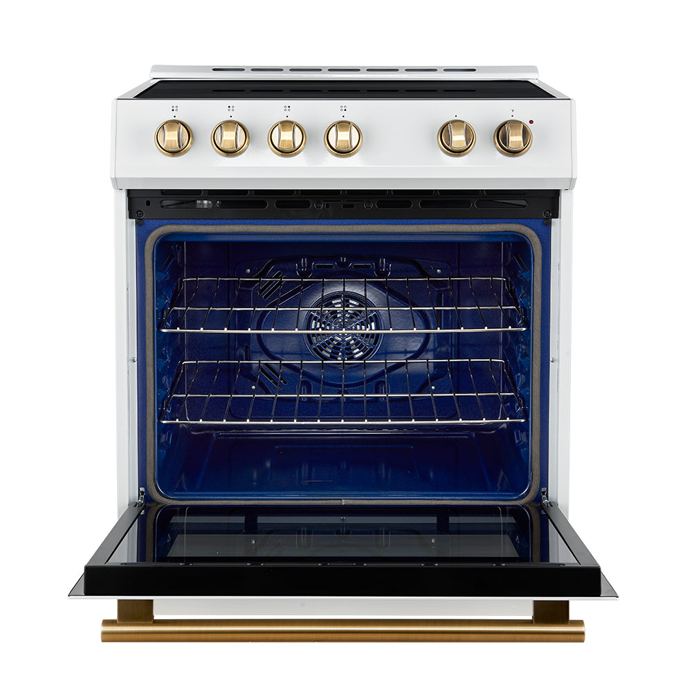 Forno Espresso Leonardo 30-Inch Freestanding Induction Range, 5.0 cu. ft. Oven, Knob Controls, White with Antique Brass Accents (Model FFSIN0982-30WHT)