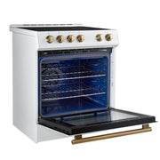 Forno Espresso Leonardo 30-Inch Freestanding Induction Range, 5.0 cu. ft. Oven, Knob Controls, White with Antique Brass Accents (Model FFSIN0982-30WHT)