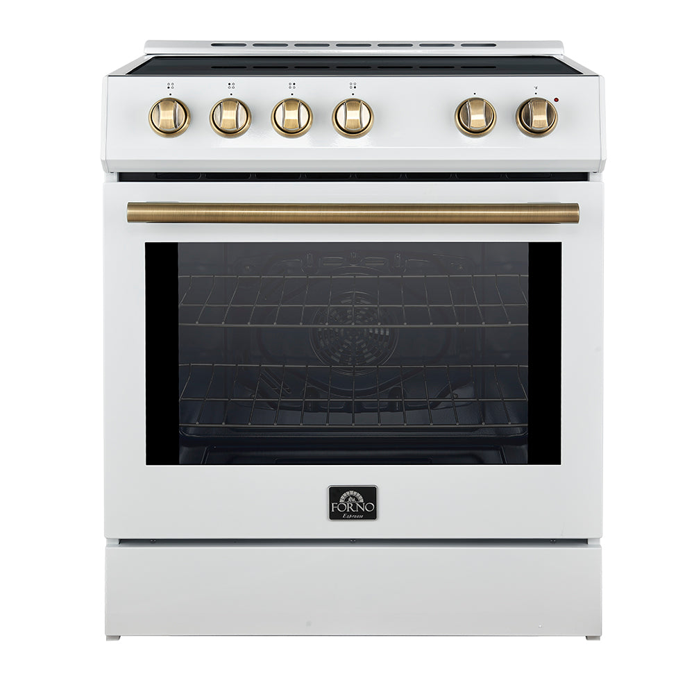 Forno Espresso Leonardo 30-Inch Freestanding Induction Range, 5.0 cu. ft. Oven, Knob Controls, White with Antique Brass Accents (Model FFSIN0982-30WHT)