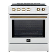 Forno Espresso Leonardo 30-Inch Freestanding Induction Range, 5.0 cu. ft. Oven, Knob Controls, White with Antique Brass Accents (Model FFSIN0982-30WHT)