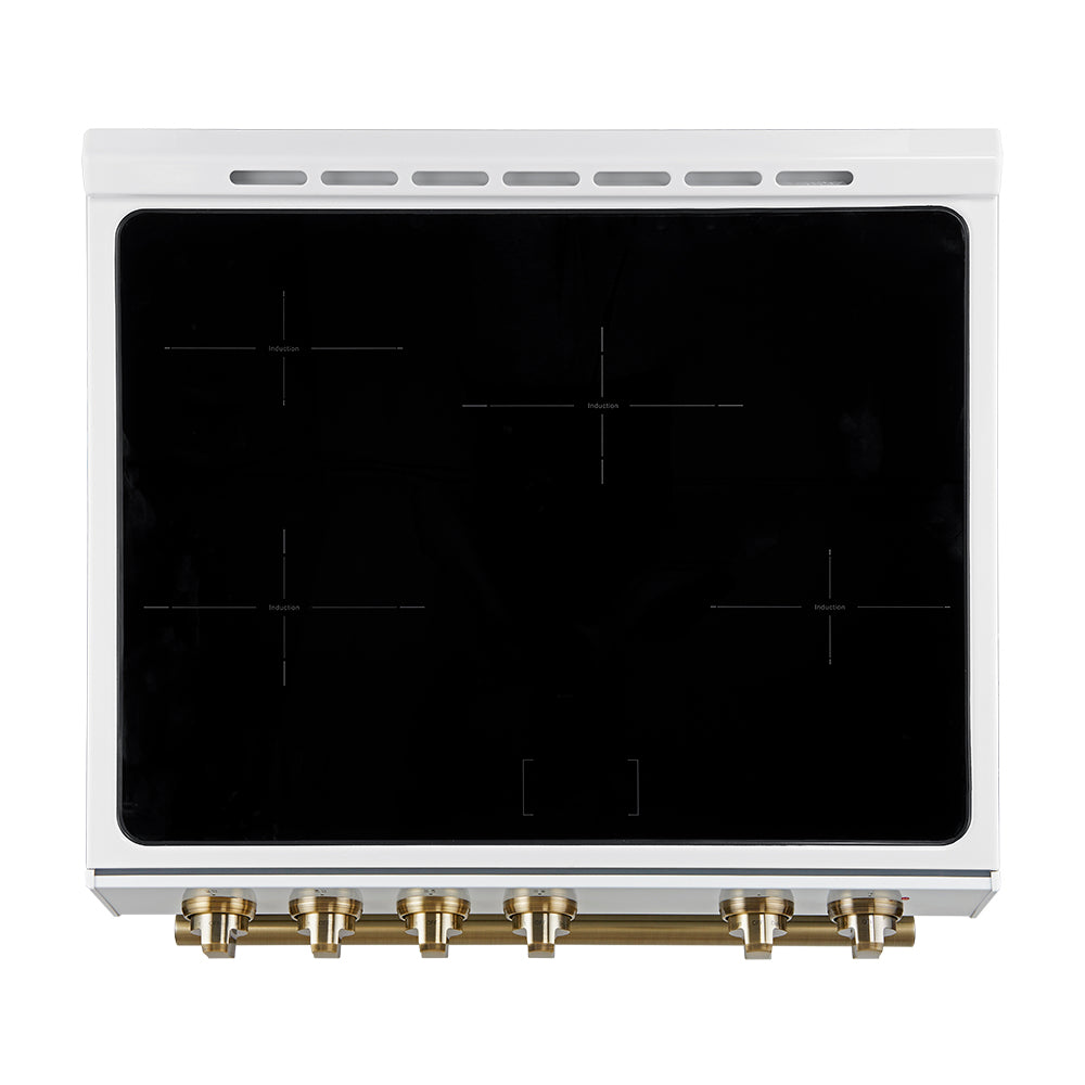 Forno Espresso Leonardo 30-Inch Freestanding Induction Range, 5.0 cu. ft. Oven, Knob Controls, White with Antique Brass Accents (Model FFSIN0982-30WHT)