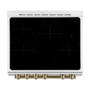 Forno Espresso Leonardo 30-Inch Freestanding Induction Range, 5.0 cu. ft. Oven, Knob Controls, White with Antique Brass Accents (Model FFSIN0982-30WHT)