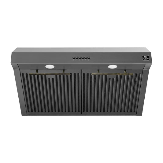 Forno Bari 30-Inch Under-Cabinet Range Hood, 400 CFM, Black with Antique Brass Handles (FRHUC5255-30BLK)