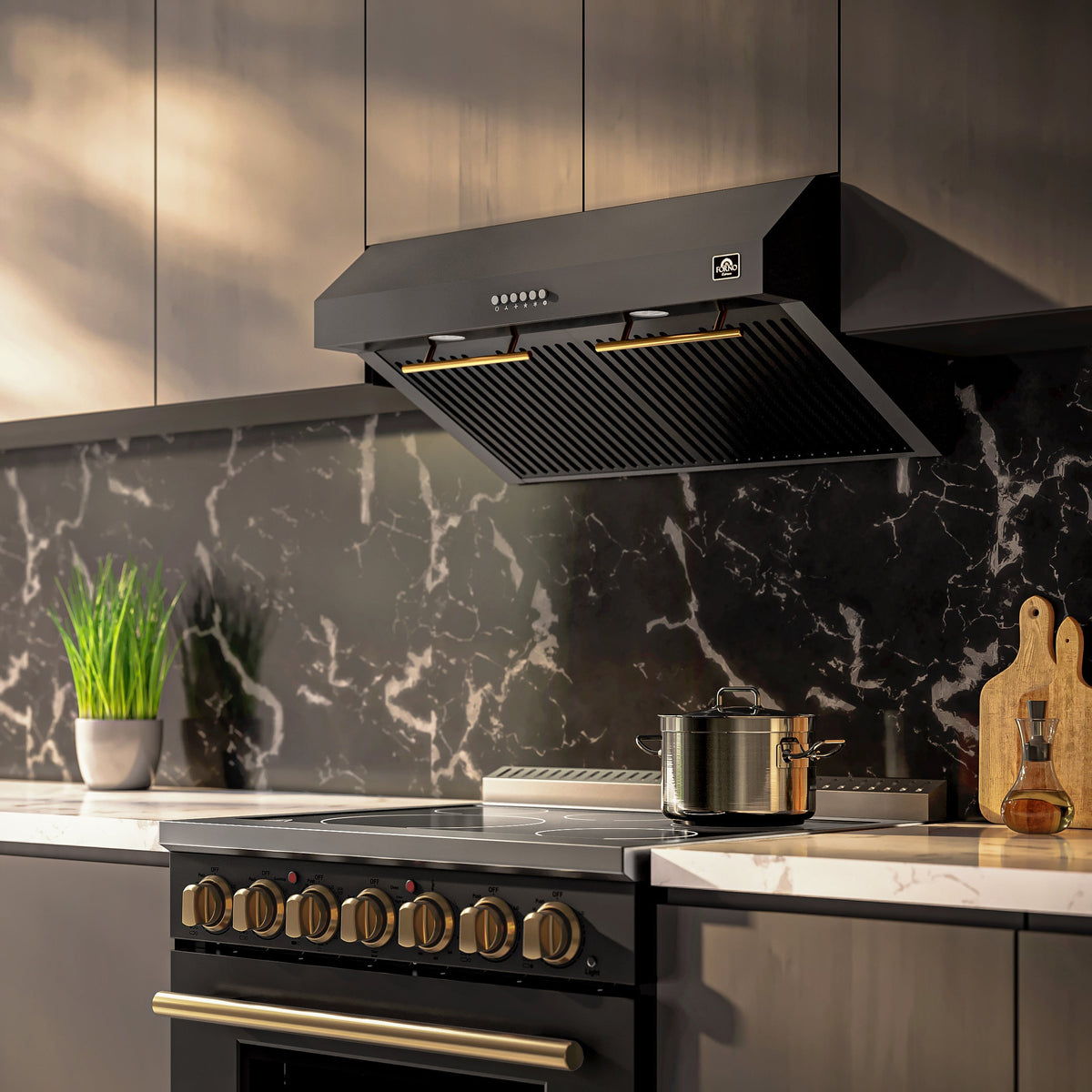 Forno Bari 30-Inch Under-Cabinet Range Hood, 400 CFM, Black with Antique Brass Handles (FRHUC5255-30BLK)