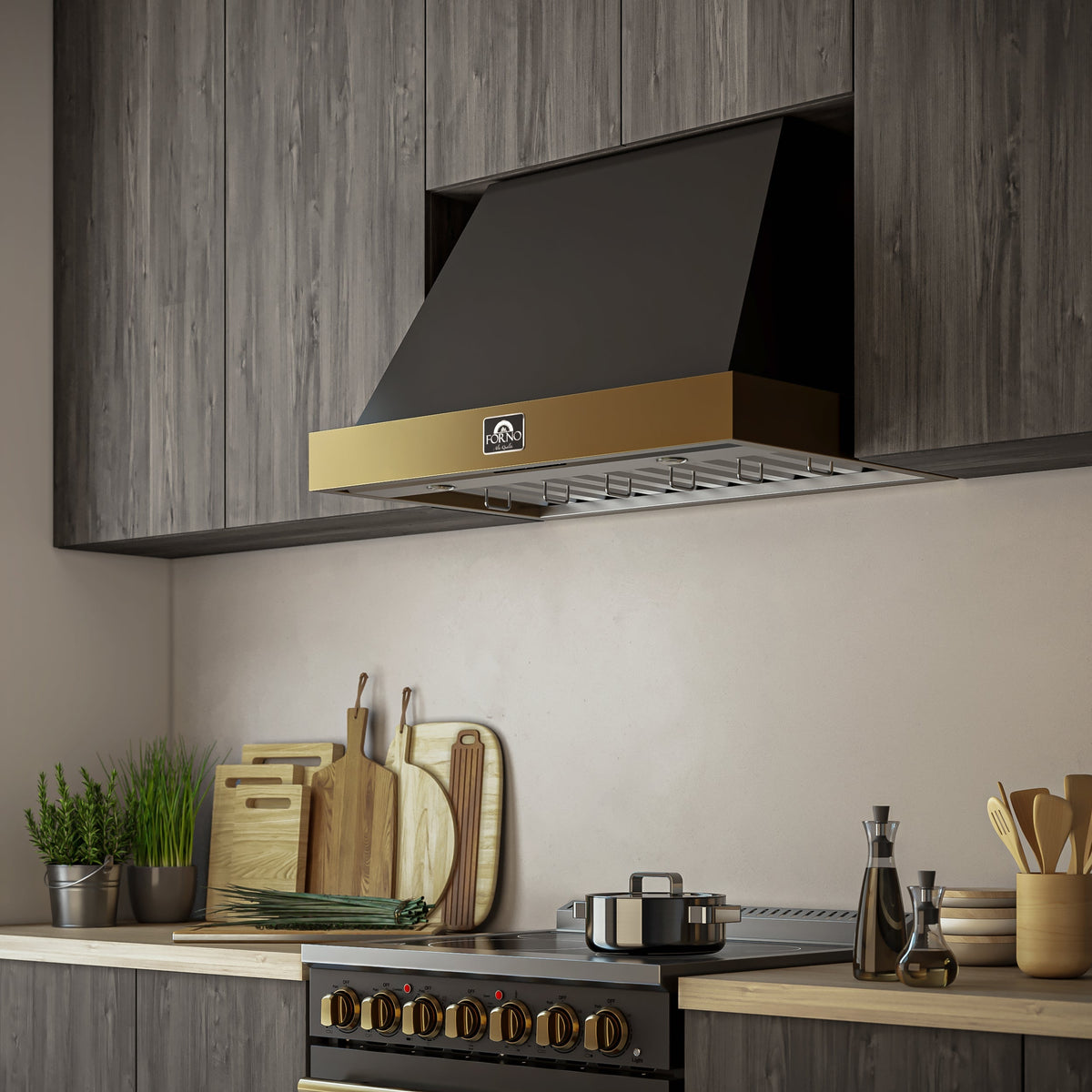 FORNO Vittorio 36-Inch Wall Mount Range Hood, 600 CFM, Black with Antique Brass Trim, Remote Control (FRHWM5078-36BLK)