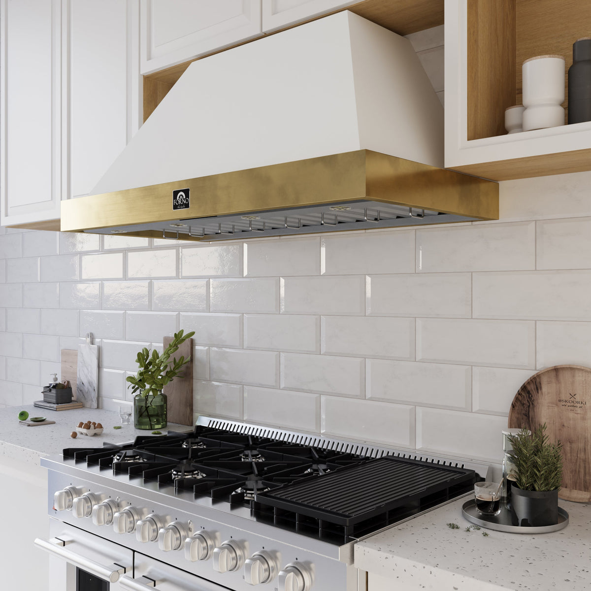 Forno Vittorio 48-Inch Wall-Mount Range Hood, 600 CFM, White with Antique Brass Trim, Remote Control (Model FRHWM5078-48WHT)