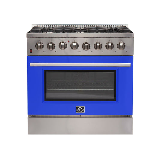 Forno Galiano 36-Inch Dual Fuel Range, 5.36 cu. ft. Oven, 6 Sealed Brass Burners, Blue Finish (Model FFSGS6156-36BLU)
