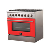 Forno Galiano 36 Inch Dual Fuel Range, 5.36 cu. ft. Oven, 6 Sealed Burners, Red Finish, Model FFSGS6156-36RED