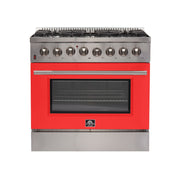 Forno Galiano 36 Inch Dual Fuel Range, 5.36 cu. ft. Oven, 6 Sealed Burners, Red Finish, Model FFSGS6156-36RED