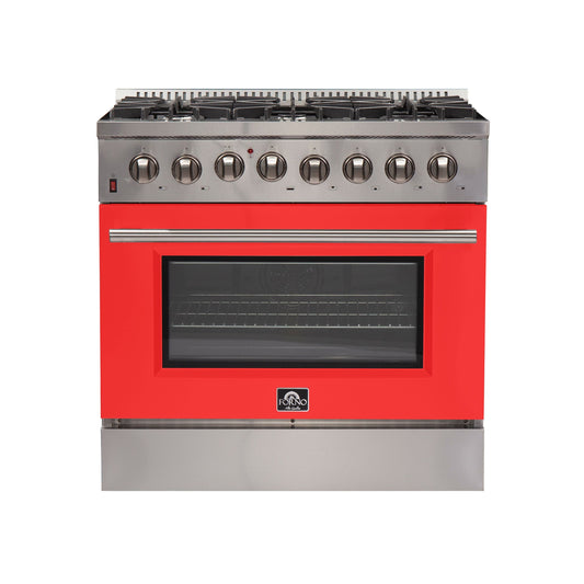 Forno Galiano 36 Inch Dual Fuel Range, 5.36 cu. ft. Oven, 6 Sealed Burners, Red Finish, Model FFSGS6156-36RED