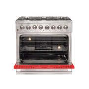 Forno Galiano 36 Inch Dual Fuel Range, 5.36 cu. ft. Oven, 6 Sealed Burners, Red Finish, Model FFSGS6156-36RED