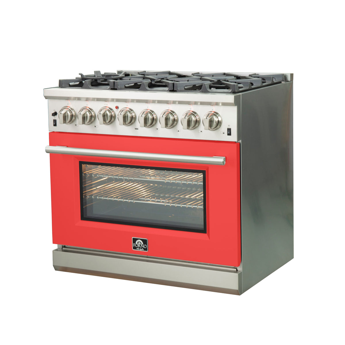 FORNO Capriasca 36-Inch Dual Fuel Range, 5.36 cu. ft. Oven, 6 Sealed Brass Burners, Red Stainless Steel Finish – Model FFSGS6187-36RED