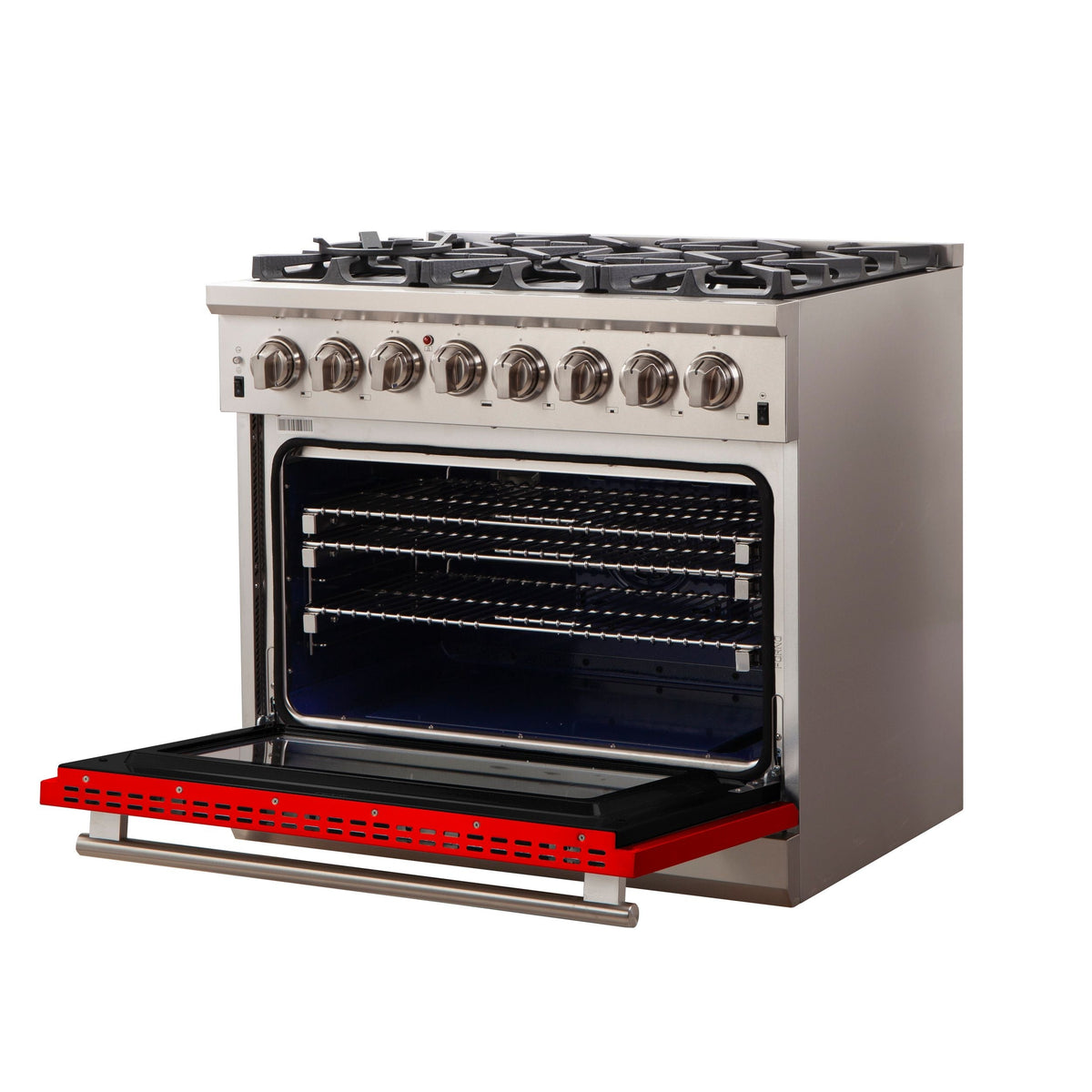 FORNO Capriasca 36-Inch Dual Fuel Range, 5.36 cu. ft. Oven, 6 Sealed Brass Burners, Red Stainless Steel Finish – Model FFSGS6187-36RED