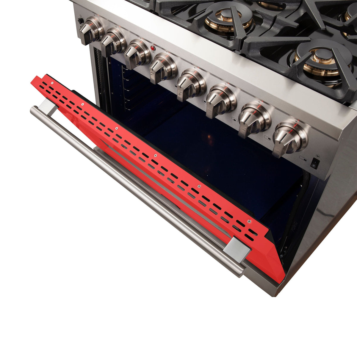 FORNO Capriasca 36-Inch Dual Fuel Range, 5.36 cu. ft. Oven, 6 Sealed Brass Burners, Red Stainless Steel Finish – Model FFSGS6187-36RED