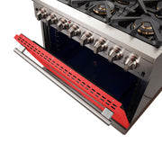 FORNO Capriasca 36-Inch Dual Fuel Range, 5.36 cu. ft. Oven, 6 Sealed Brass Burners, Red Stainless Steel Finish – Model FFSGS6187-36RED