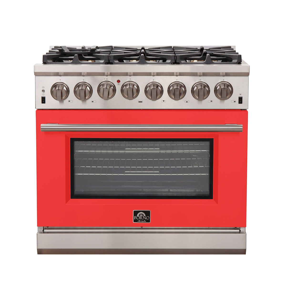 FORNO Capriasca 36-Inch Dual Fuel Range, 5.36 cu. ft. Oven, 6 Sealed Brass Burners, Red Stainless Steel Finish – Model FFSGS6187-36RED