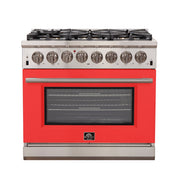 FORNO Capriasca 36-Inch Dual Fuel Range, 5.36 cu. ft. Oven, 6 Sealed Brass Burners, Red Stainless Steel Finish – Model FFSGS6187-36RED