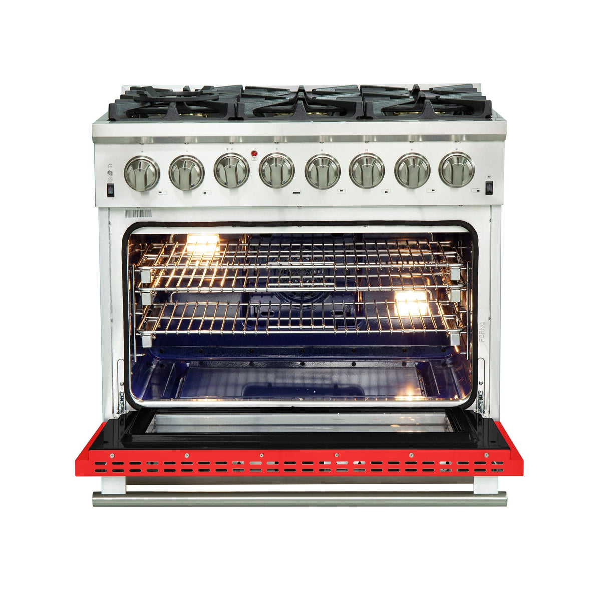 FORNO Capriasca 36-Inch Dual Fuel Range, 5.36 cu. ft. Oven, 6 Sealed Brass Burners, Red Stainless Steel Finish – Model FFSGS6187-36RED