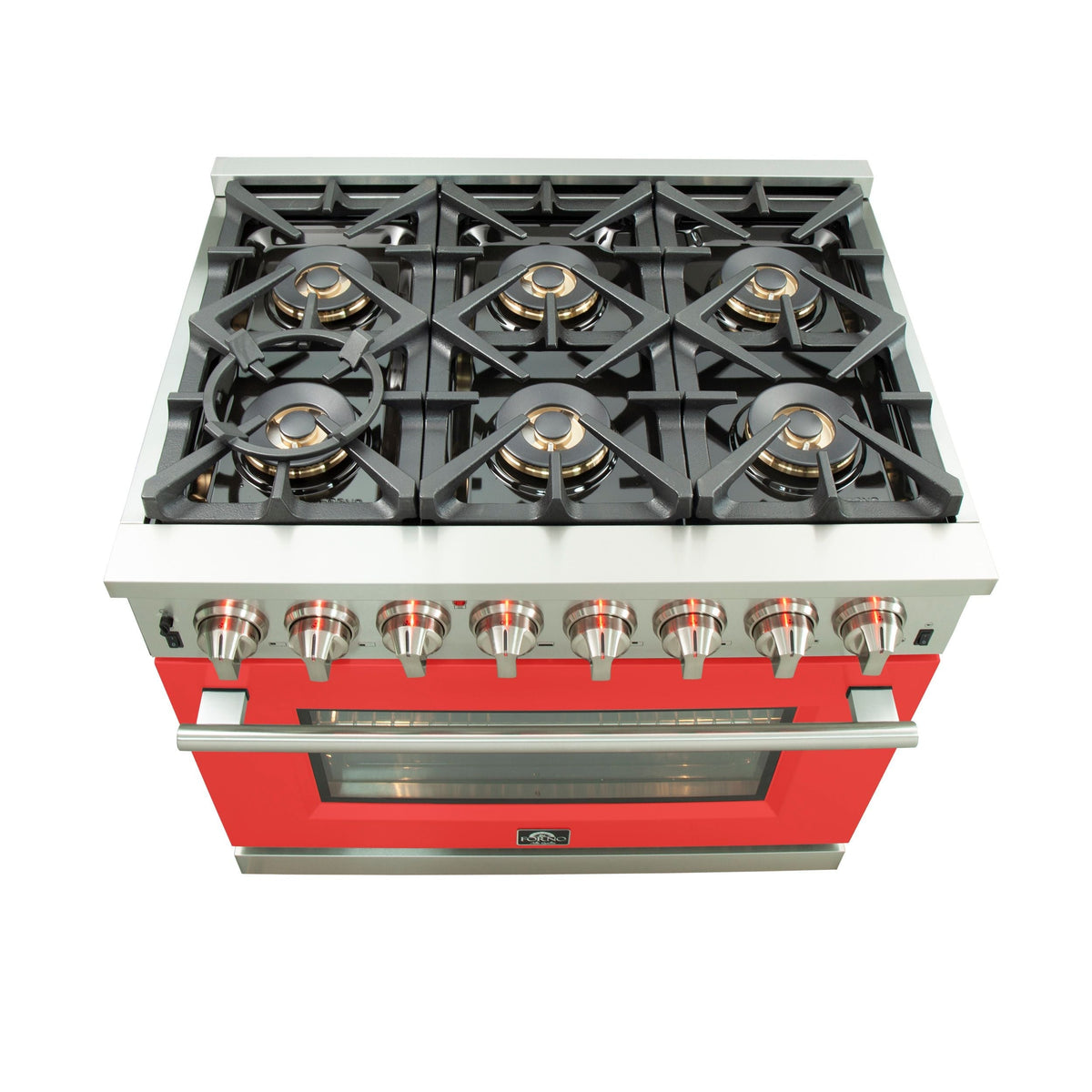 FORNO Capriasca 36-Inch Dual Fuel Range, 5.36 cu. ft. Oven, 6 Sealed Brass Burners, Red Stainless Steel Finish – Model FFSGS6187-36RED