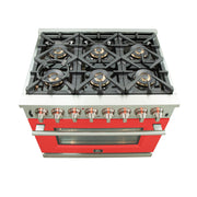 FORNO Capriasca 36-Inch Dual Fuel Range, 5.36 cu. ft. Oven, 6 Sealed Brass Burners, Red Stainless Steel Finish – Model FFSGS6187-36RED