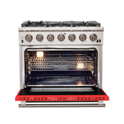 Forno Capriasca 36-Inch Gas Range, 5.36 cu. ft. Oven, 6 Sealed Gas Burners, Red Finish (Model FFSGS6260-36RED)