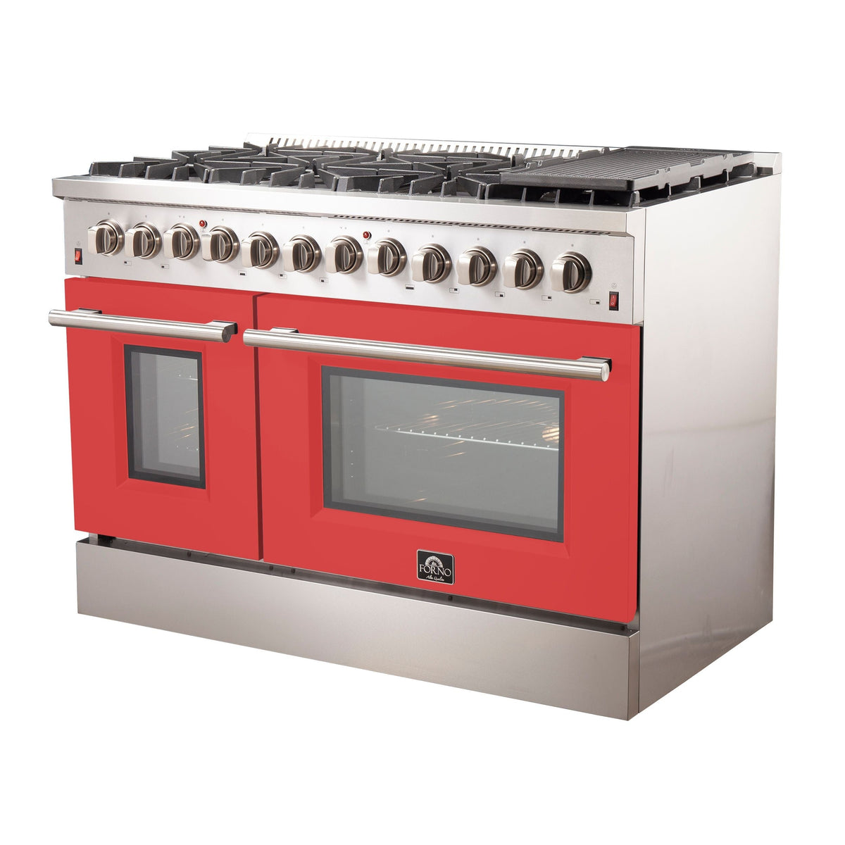 Forno Galiano 48-Inch Dual Fuel Range, 8 Sealed Brass Burners, 6.58 cu. ft. Double Oven, Red Stainless Steel, Model FFSGS6156-48RED