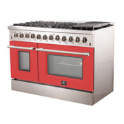 Forno Galiano 48-Inch Dual Fuel Range, 8 Sealed Brass Burners, 6.58 cu. ft. Double Oven, Red Stainless Steel, Model FFSGS6156-48RED