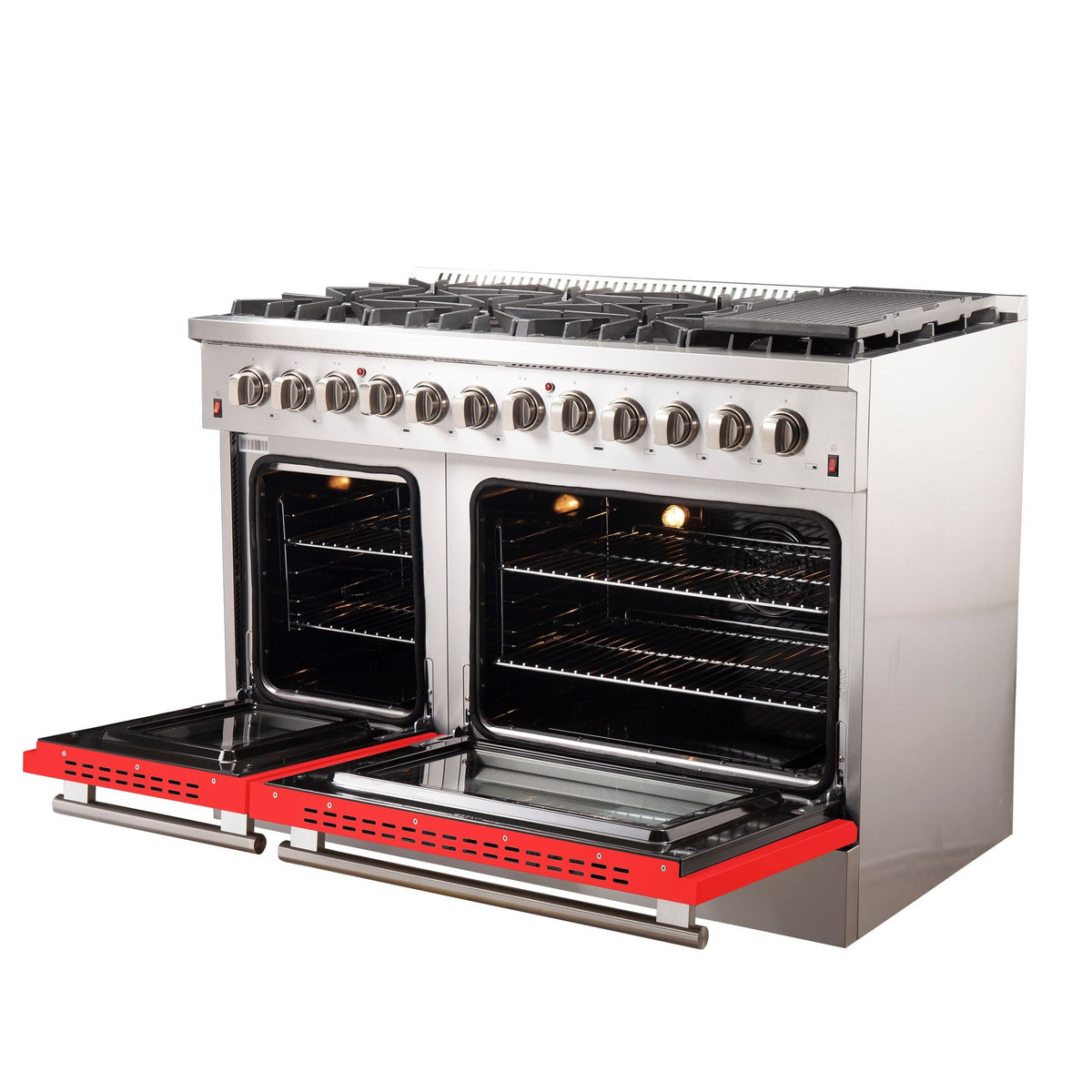 Forno Galiano 48-Inch Dual Fuel Range, 8 Sealed Brass Burners, 6.58 cu. ft. Double Oven, Red Stainless Steel, Model FFSGS6156-48RED
