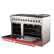 Forno Galiano 48-Inch Dual Fuel Range, 8 Sealed Brass Burners, 6.58 cu. ft. Double Oven, Red Stainless Steel, Model FFSGS6156-48RED