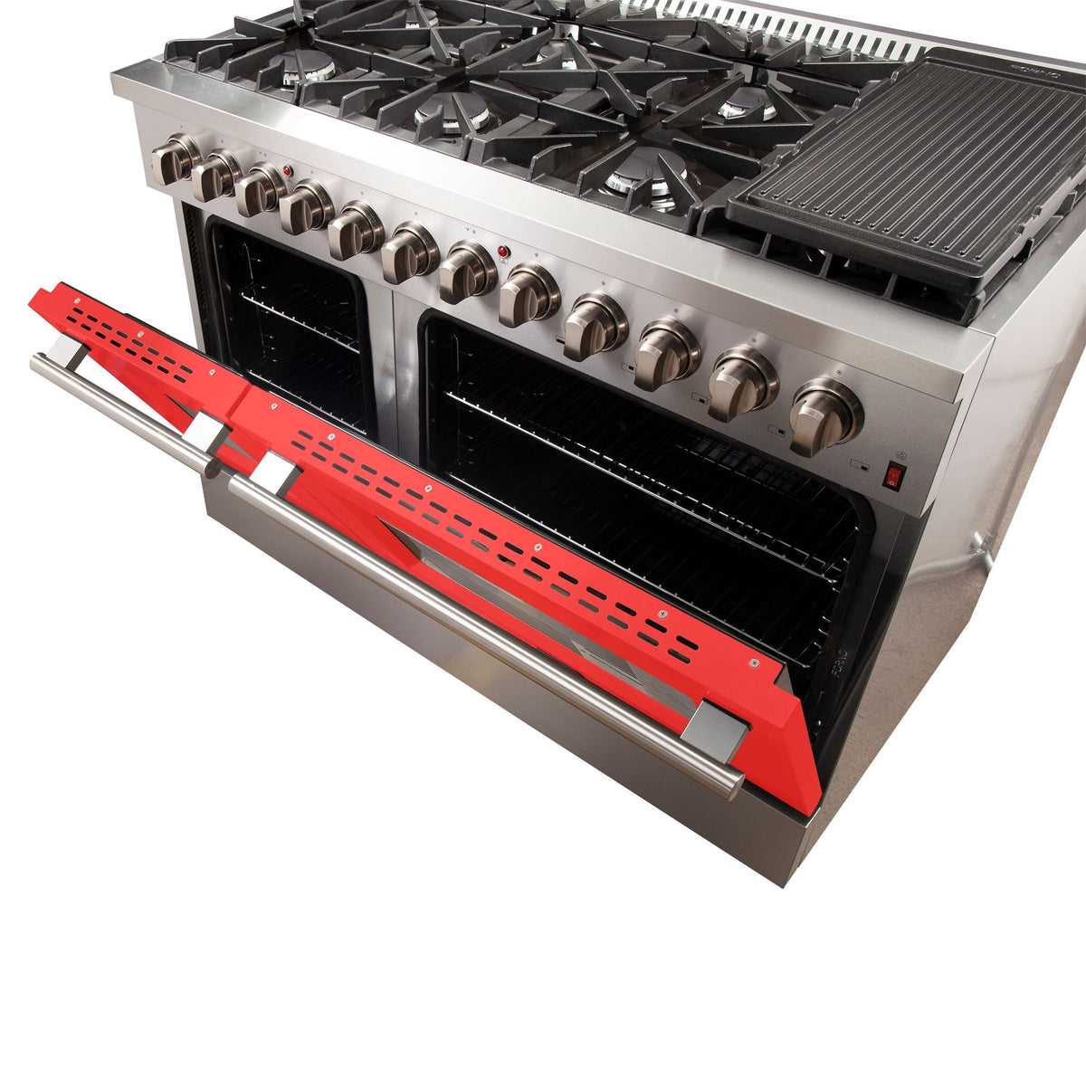 Forno Galiano 48-Inch Dual Fuel Range, 8 Sealed Brass Burners, 6.58 cu. ft. Double Oven, Red Stainless Steel, Model FFSGS6156-48RED