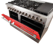 Forno Galiano 48-Inch Dual Fuel Range, 8 Sealed Brass Burners, 6.58 cu. ft. Double Oven, Red Stainless Steel, Model FFSGS6156-48RED