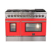 Forno Galiano 48-Inch Dual Fuel Range, 8 Sealed Brass Burners, 6.58 cu. ft. Double Oven, Red Stainless Steel, Model FFSGS6156-48RED