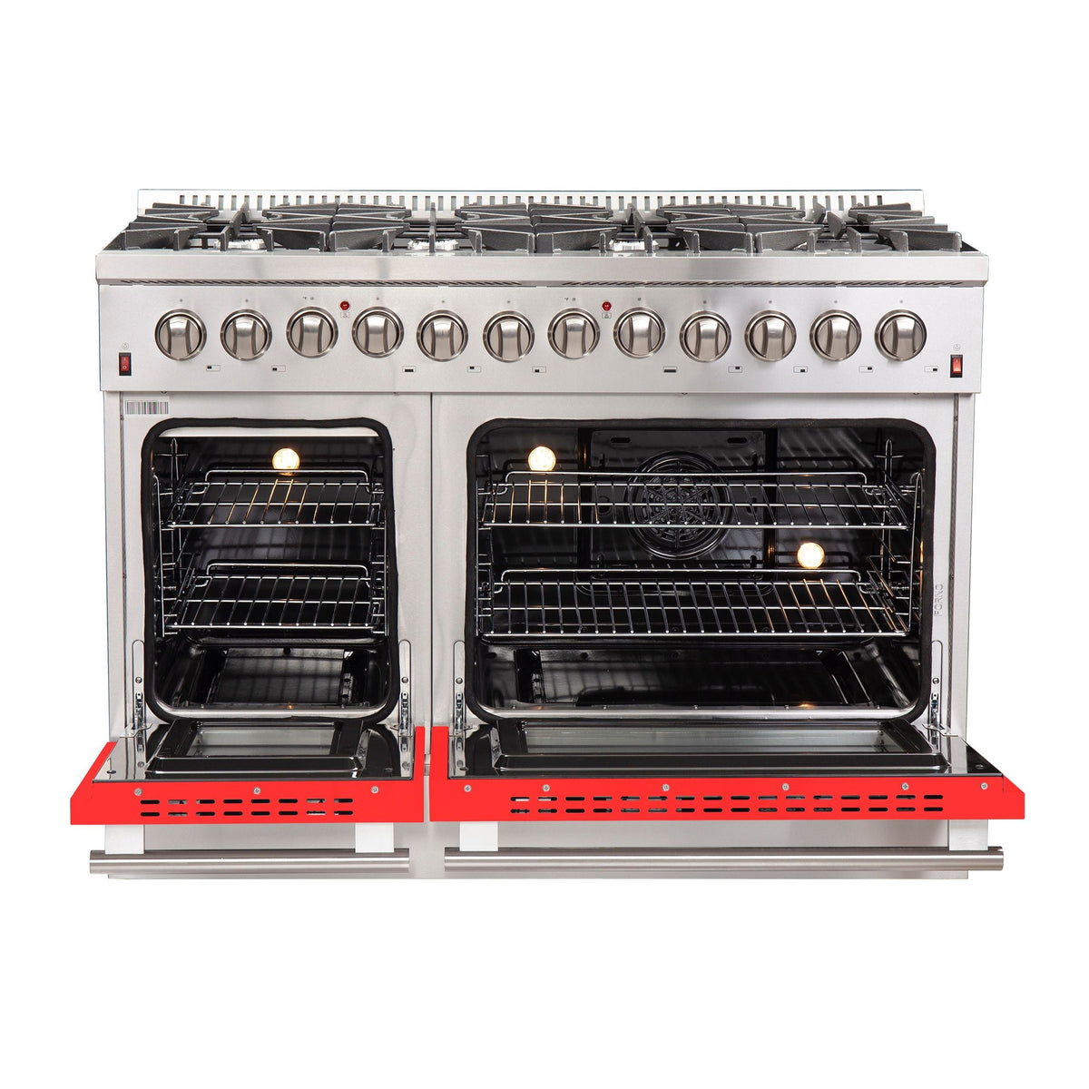 Forno Galiano 48-Inch Dual Fuel Range, 8 Sealed Brass Burners, 6.58 cu. ft. Double Oven, Red Stainless Steel, Model FFSGS6156-48RED