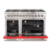 Forno Galiano 48-Inch Dual Fuel Range, 8 Sealed Brass Burners, 6.58 cu. ft. Double Oven, Red Stainless Steel, Model FFSGS6156-48RED