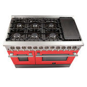 Forno Galiano 48-Inch Dual Fuel Range, 8 Sealed Brass Burners, 6.58 cu. ft. Double Oven, Red Stainless Steel, Model FFSGS6156-48RED