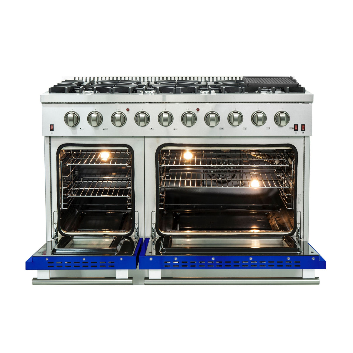 Forno Galiano 48-Inch Gas Range, 6.58 cu. ft. Double Oven, 8 Sealed Burners, Blue (Model FFSGS6244-48BLU)