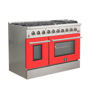 Forno Galiano 48-Inch Gas Range, 8 Sealed Brass Burners, 6.58 cu. ft. Double Oven, Red Stainless Steel, Model FFSGS6244-48RED