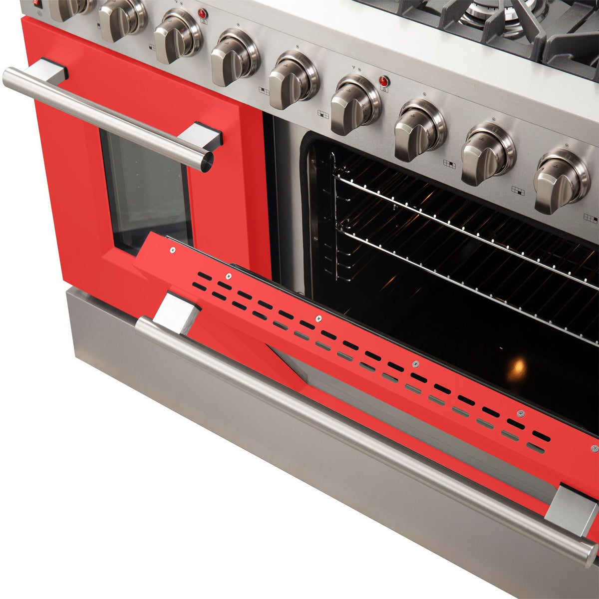 Forno Galiano 48-Inch Gas Range, 8 Sealed Brass Burners, 6.58 cu. ft. Double Oven, Red Stainless Steel, Model FFSGS6244-48RED