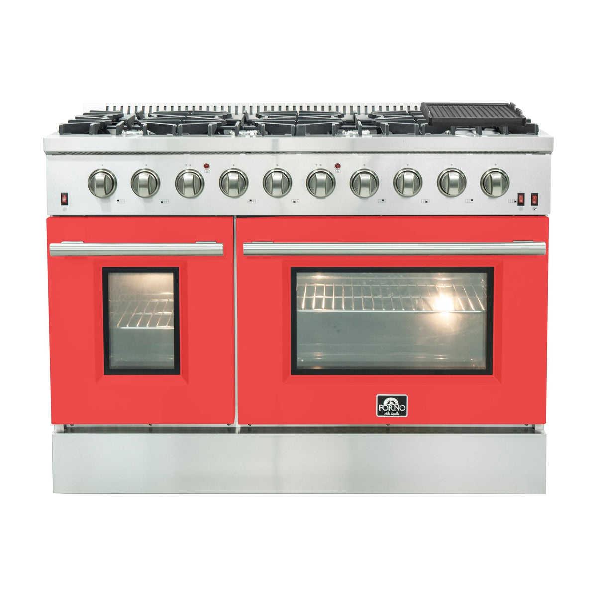 Forno Galiano 48-Inch Gas Range, 8 Sealed Brass Burners, 6.58 cu. ft. Double Oven, Red Stainless Steel, Model FFSGS6244-48RED