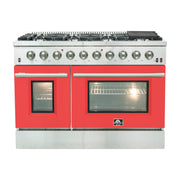 Forno Galiano 48-Inch Gas Range, 8 Sealed Brass Burners, 6.58 cu. ft. Double Oven, Red Stainless Steel, Model FFSGS6244-48RED